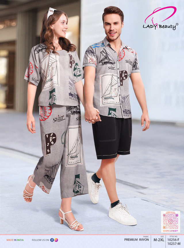 Matching Couple Co-ord Set – Grey Nautical Print Premium Rayon | Women's Top & Pants + Men's Shirt & Shorts Combo