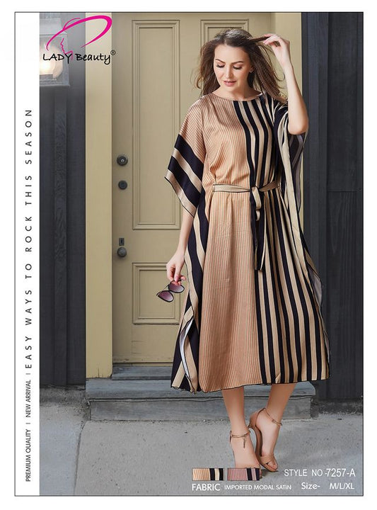 Women’s Beige & Black Striped Modal Satin Kaftan Dress | Elegant Lounge & Resort Wear – Lady Beauty