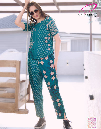 * Women wearing stylish green printed coord set in premium Turkish cotton fabric
* Green geometric print women coord set with relaxed fit and casual fashion look
* Premium women’s green co-ord set perfect for lounge wear and travel styling
* Stylish Turkish cotton coord set for women with modern printed design
* Trendy women’s matching coord set with breathable fabric and everyday comfort
* Elegant green printed lounge wear coord set for women with relaxed silhouette
* Casual women coord set in soft Turkish