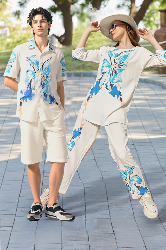 Azure Bloom Premium Rayon Couple Co-Ord Set