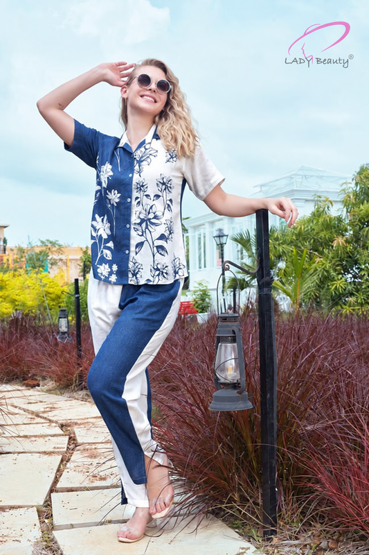 Women’s Blue & White Floral Linen Co-Ord Set | Casual & Travel Wear – Lady Beauty