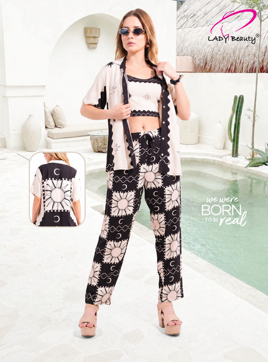 Women’s Black & Cream 3-Piece Cotton Co-ord Set | Lady Beauty