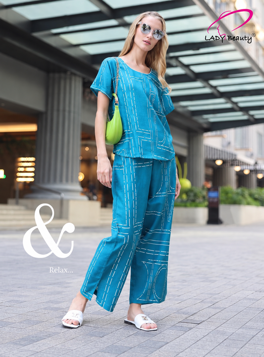 Women’s Turquoise Cotton Printed Co-ord Set | Lady Beauty