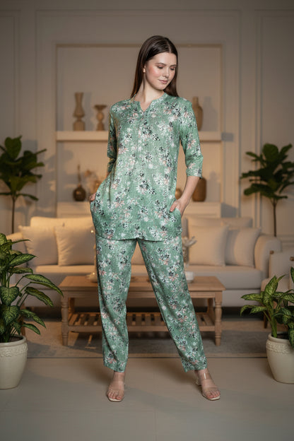 Women wearing mint green floral linen coord set with relaxed elegant fit
Stylish women’s floral printed coord set in premium soft linen fabric
Premium mint green women coord set perfect for casual and lounge wear
Elegant floral women co-ord set designed for vacation and travel styling
Fashionable women’s printed linen coord set with lightweight breathable fabric
Casual women floral coord outfit with modern feminine fashion look
Trendy women’s matching coord set with soft skin-friendly material
Stylish mint 