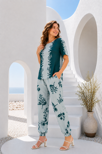 Women Green Floral Print Co-Ord Set | Turkish Cotton Comfortable Daily Wear