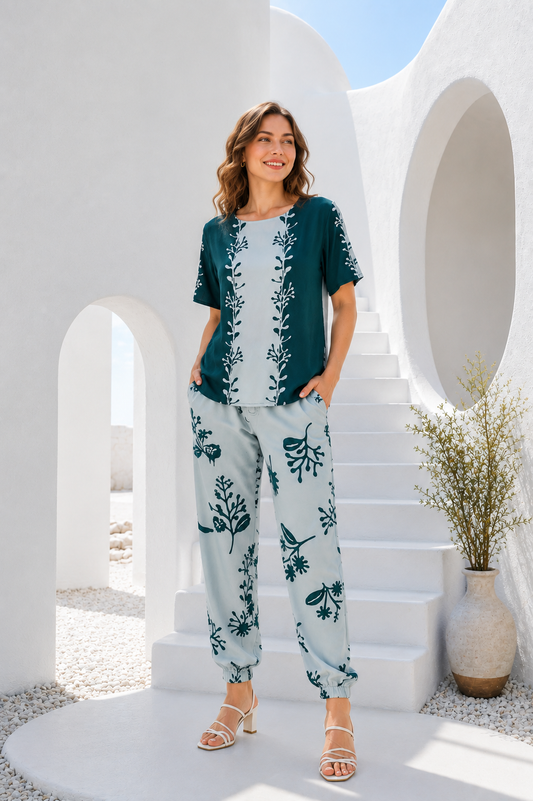 Women Green Floral Print Co-Ord Set | Turkish Cotton Comfortable Daily Wear