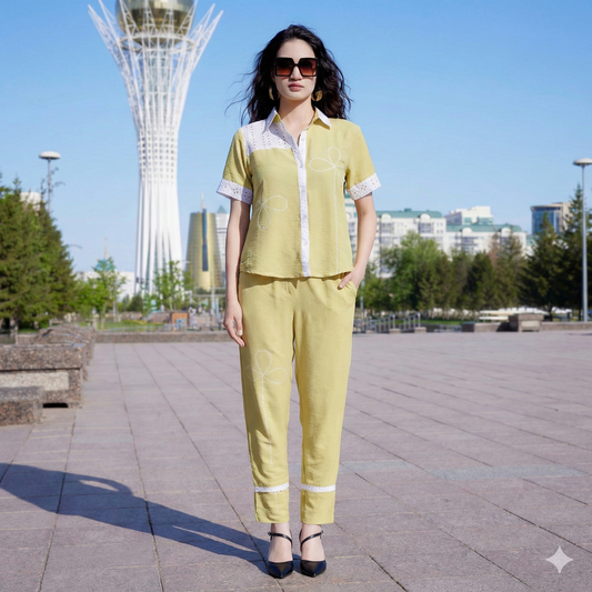 Lemon Yellow Linen Co-Ord Set with Embroidered Detail