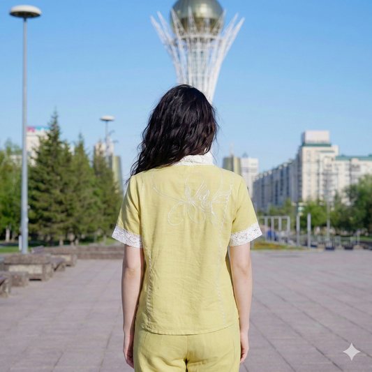 Lemon Yellow Linen Co-Ord Set with Embroidered Detail