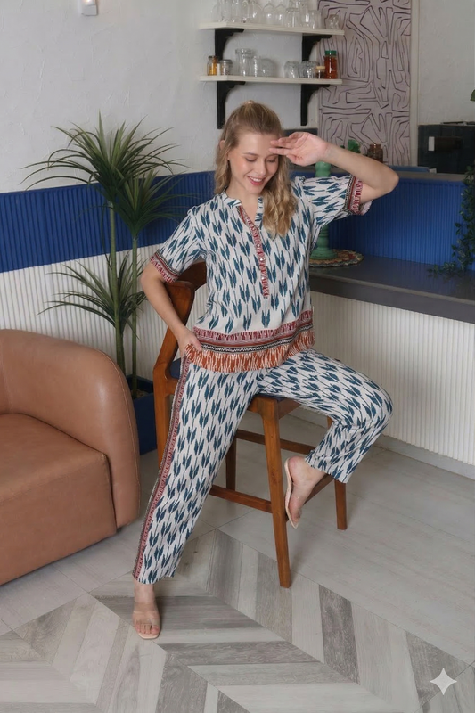 Women’s Jute Co-Ord Set – Printed Summer Lounge Wear