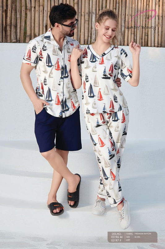 Couple Matching Co-Ord Set in Premium Rayon – Sailboat Print Shirt & Bottom Set | Lady Beauty