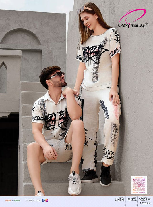 Matching Couple Co-Ord Set in Premium Linen – Abstract Graphic Print | Lady Beauty