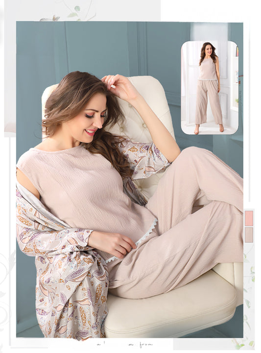 Luxe breathable co-ord set 7428 in Beige displayed on model