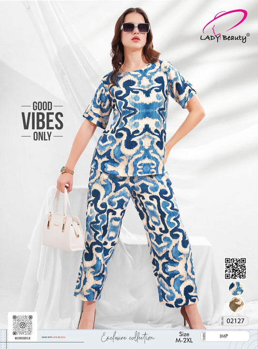 Women’s Blue & Beige Printed Co-Ord Set | Casual & Travel Wear – Lady Beauty
