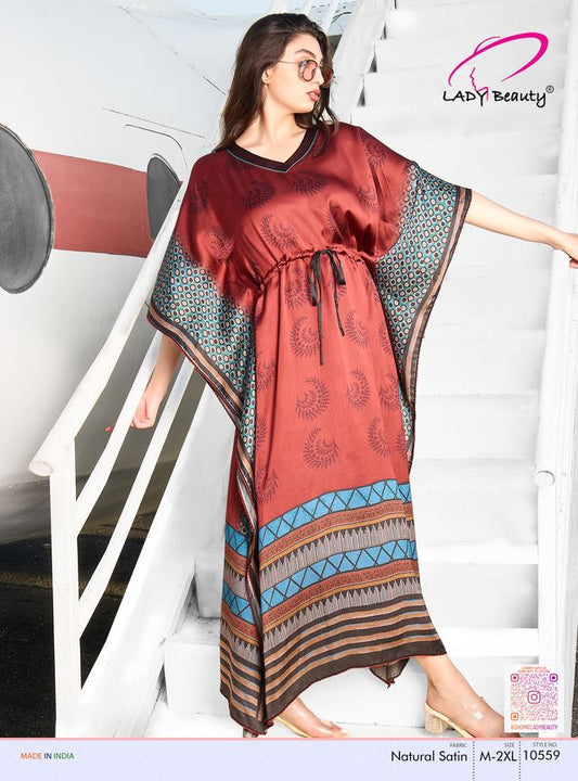 Women’s Rust Printed Natural Satin Kaftan Dress | Ethnic Lounge & Resort Wear – Lady Beauty