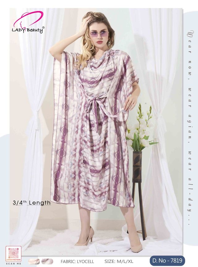 Women’s Mauve & White Printed Lyocell Kaftan Dress | 3/4 Length Lounge & Resort Wear – Lady Beauty