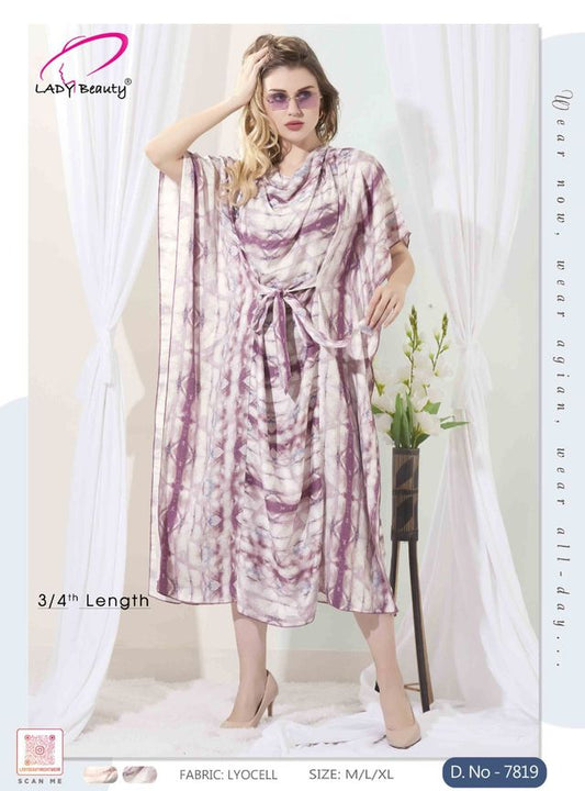 Women’s Mauve & White Printed Lyocell Kaftan Dress | 3/4 Length Lounge & Resort Wear – Lady Beauty