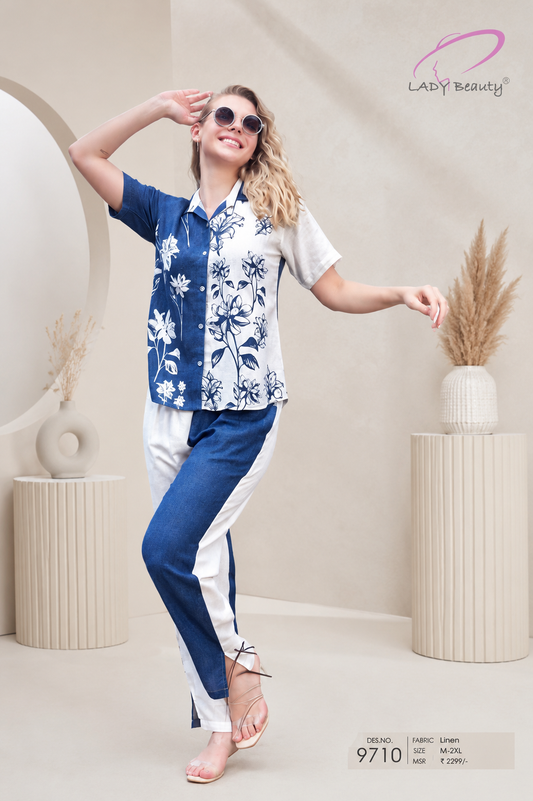 Women’s Blue & White Floral Linen Co-Ord Set | Casual & Travel Wear – Lady Beauty