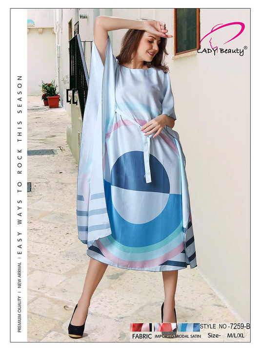 Women’s Blue Geometric Modal Satin Kaftan Dress | Stylish Lounge & Resort Wear – Lady Beauty