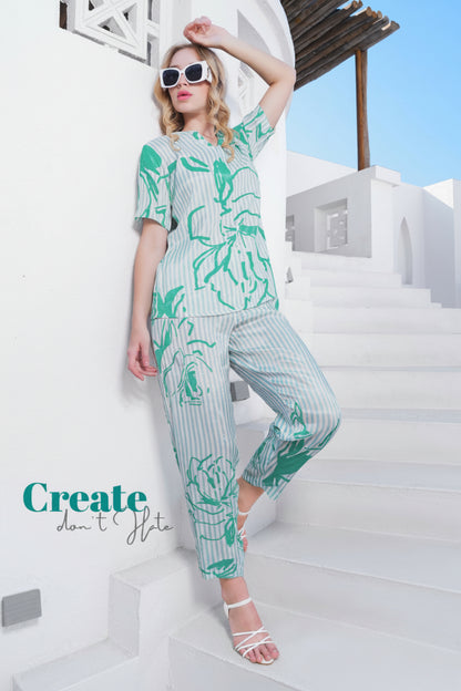 omen green striped co ord set with abstract floral print casual summer outfit
summer co ord set for women green white stripe relaxed fit everyday wear
stylish co ord set for women green print casual vacation and daily wear outfit
lightweight co ord set for women striped design comfortable summer outfit
women two piece co ord set green stripe print casual and everyday wear
green print co ord set for women breathable fabric summer casual look