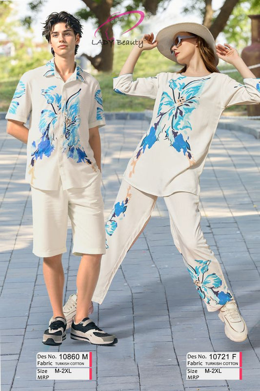 Ivory Blue Floral Print Couple Co-ord Set – Turkish Cotton His & Her Loungewear