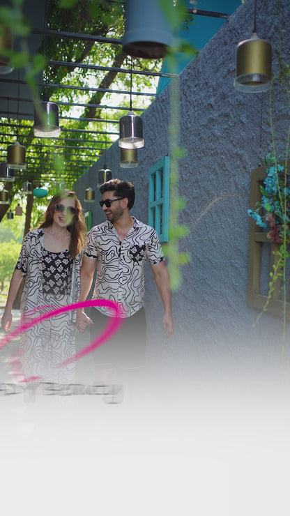 Black & White Abstract Print Couple Co-ord Set – Turkish Cotton Nightwear (His & Her)