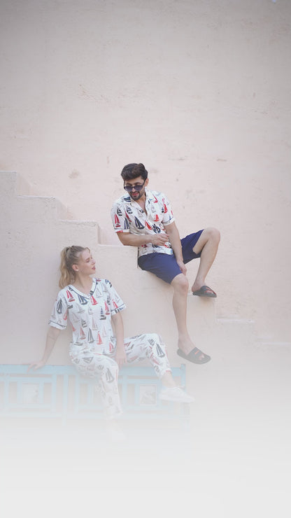 Couple Matching Co-Ord Set in Premium Rayon – Sailboat Print Shirt & Bottom Set | Lady Beauty