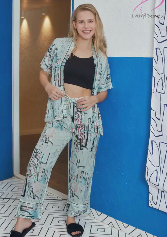 Abstract Korean Satin Co-Ord Set for Women – Lounge & Vacation Wear