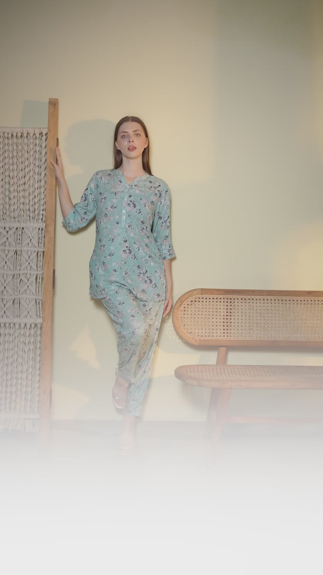 Woman wearing a mint green floral co-ord set with relaxed fit top and matching pants in a stylish indoor photoshoot.
Stylish women’s floral printed lounge wear co-ord set in soft mint green color with comfortable fit.
Premium women floral co-ord set featuring elegant print, breathable fabric, and trendy casual design.
Women pastel green printed top and pant co-ord set perfect for casual wear, travel, and lounging.
Elegant women’s floral night suit style co-ord set with soft fabric and modern relaxed silhoue