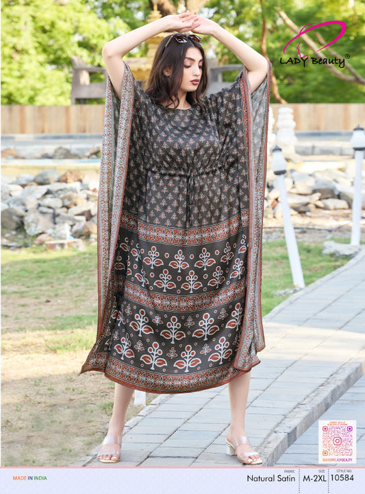 Women’s Black Floral Natural Satin Kaftan Dress | Printed Lounge & Resort Wear – Lady Beauty