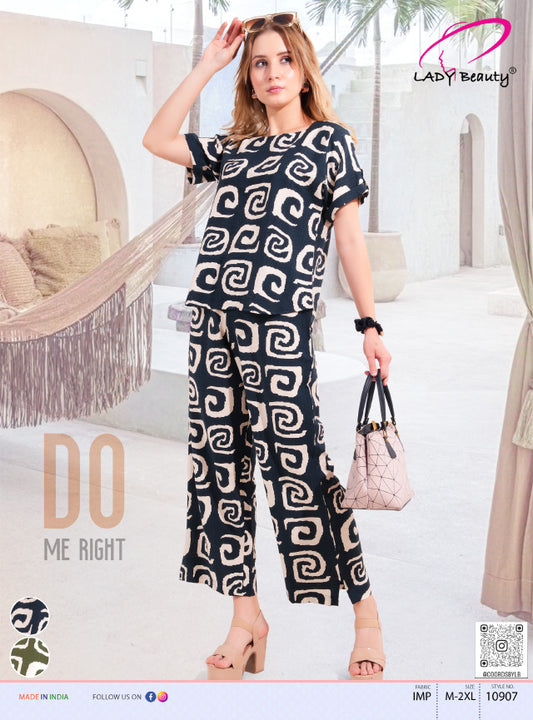 Women’s Black & Beige Printed Co-Ord Set | Casual & Travel Wear – Lady Beauty