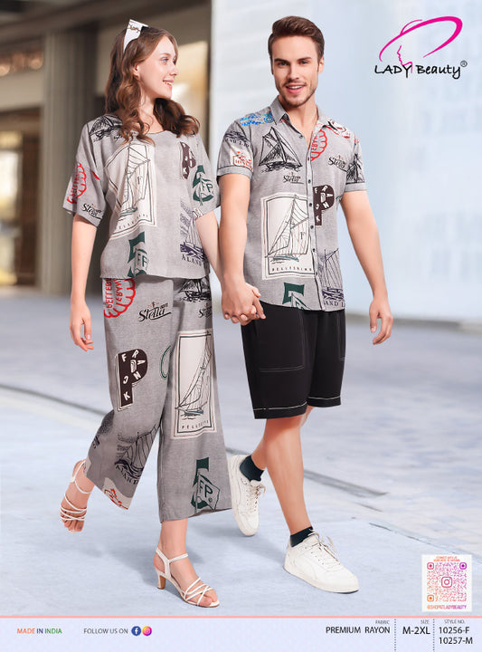 Matching Couple Co-ord Set – Grey Nautical Print Premium Rayon | Women's Top & Pants + Men's Shirt & Shorts Combo