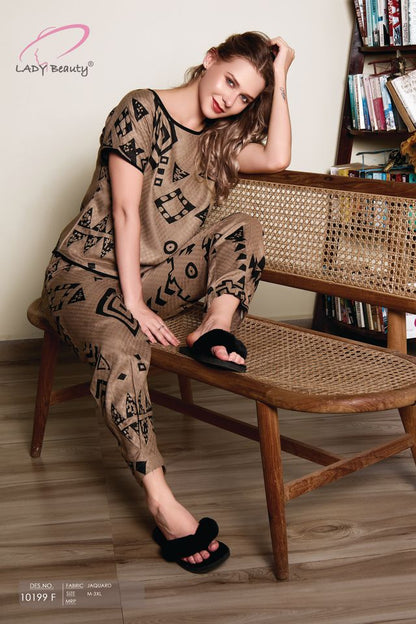 Beige Black Aztec Print Couple Co-ord Set – Jacquard His & Her Nightwear